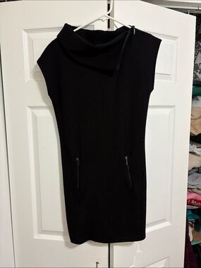 Black Sleeveless Cowl-Neck Mini Dress with Zip Pockets